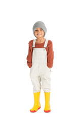 Cute African-American boy n autumn clothes on white background