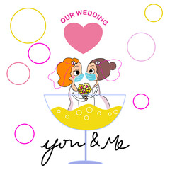 lesbian couples bride and groom wearing face masks in covid-19 holding flower bouquet in the champagne glass in wedding with big pink heart and bubbles hand drawn cartoon vector invitation card 