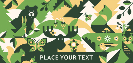 Animal abstract vector background. Geometry forest pattern for forest day print, greeting card, banner.
