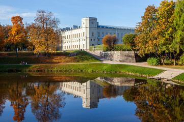 Fototapeta na wymiar View of the Great Gatchina Palace. Palace Park. Gatchina. Leningrad region. Russia