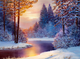 Christmas forest with river. Oil painting landscape. - 391693652
