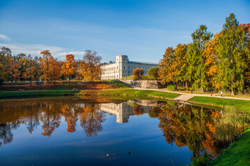 Fototapeta na wymiar View of the Great Gatchina Palace. Palace Park. Gatchina. Leningrad region. Russia