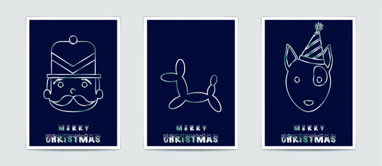 Merry Christmas modern card set elements greeting text lettering blue background.