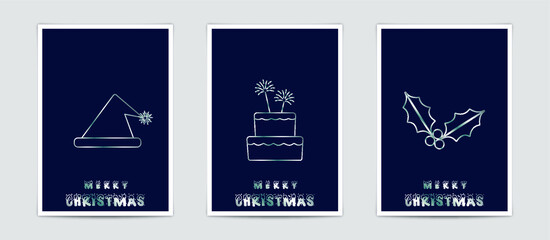 Merry Christmas modern card set elements greeting text lettering blue background.