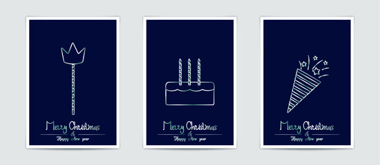 Merry Christmas modern card set elements greeting text lettering blue background.