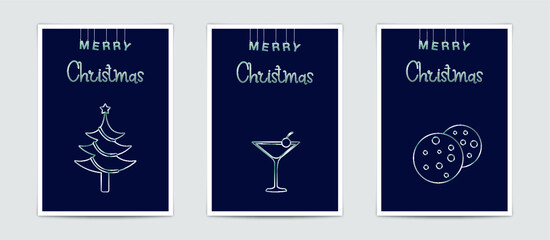 Fototapeta na wymiar Merry Christmas modern card set elements greeting text lettering blue background.