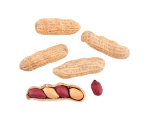 Top view of peanuts isolated on white background