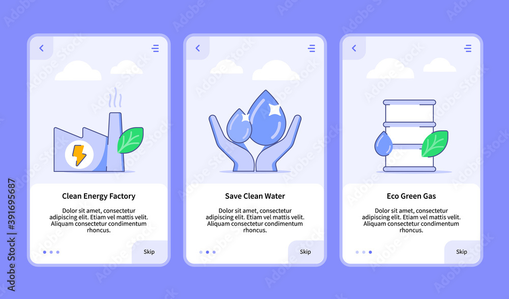 Aufkleber clean energy factory save clean water eco green gas onboarding for mobile app template ui web with f