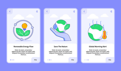 renewable energy flow save the nature global warming alert onboarding for mobile app template ui web with flat outline style