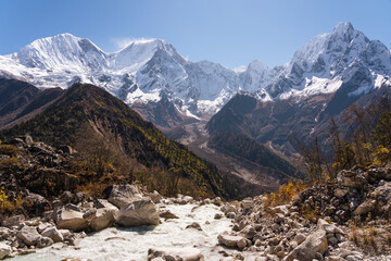 Fototapeta na wymiar Himalaya mountains range landscape view from Bimthang village in Manaslu circuit trekking route in Nepal