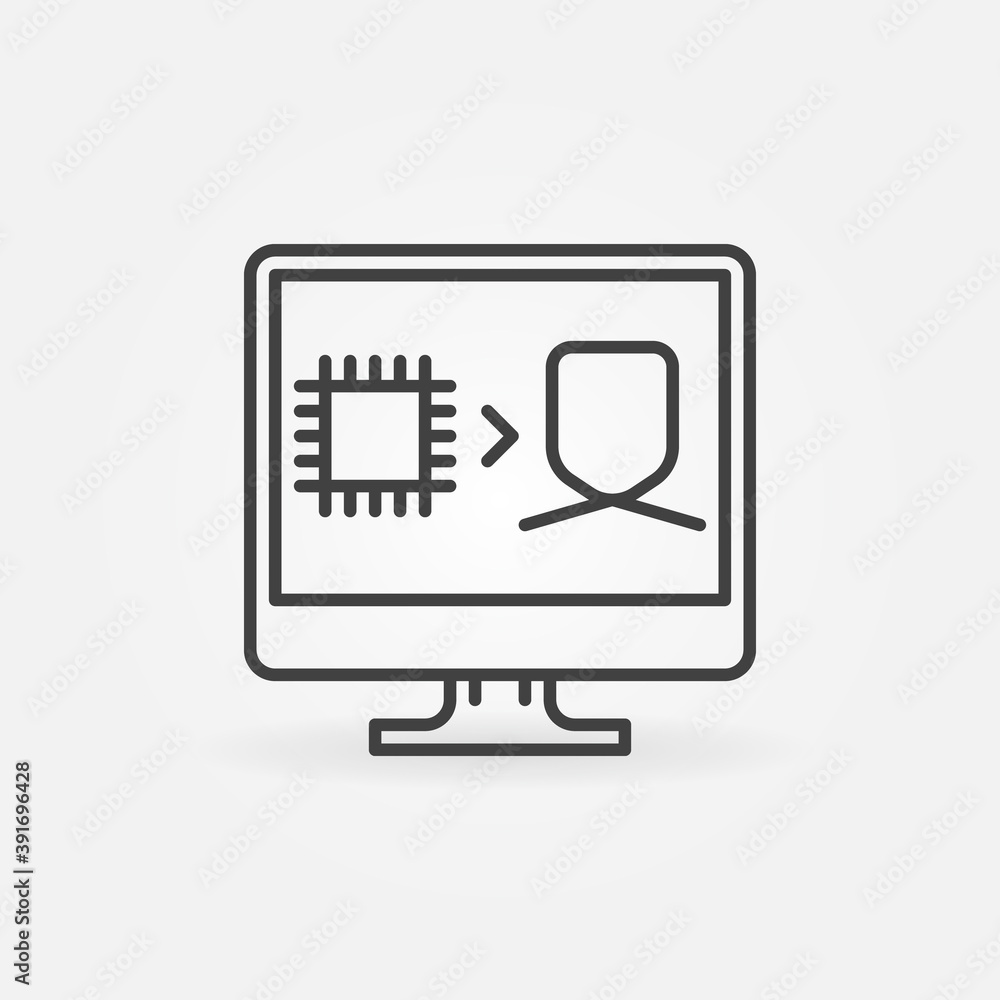 Poster Chip with Human on Computer Display Screen outline vector concept icon or design element