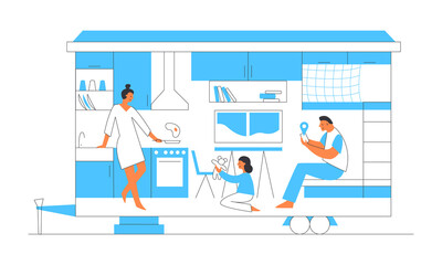 Tiny house with kitchen, bedroom, living room and, window. Small home for family.