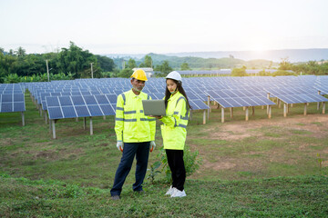 Engineer checking heat and working of solar panel of panel at solar power plant,Photovoltaic Cell...