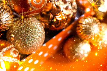 festive new year background with orange Christmas balls in a box close-up.