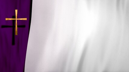 Waving satin with golden Christian Cross on liturgic violet and white copy space. 3D illustration concept for online worship church sermon in Advent and Lent symbolizing penance sacrifice and mourning