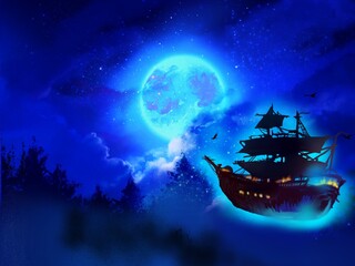Wallpaper of Pirate ships and blue full moon in beautiful cloudscape	