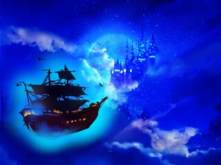Fototapeta na wymiar Wallpaper of Pirate ship and silhouette of European castle in beautiful cloudscape