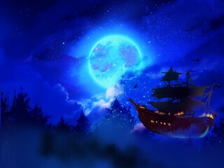 Fototapeta na wymiar Wallpaper of Pirate ships de blue full moon in beautiful cloudscape