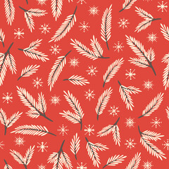 Christmas seamless pattern. White spruce branches and snowflakes. Cozy and cute illustration for textiles, packaging, cards, banners. Festive snow background.