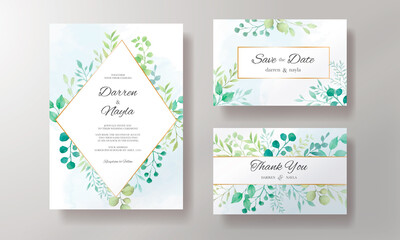 Elegant wedding invitation template with watercolor leaves