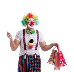 Obraz premium Funny clown with shopping bags isolated on white background