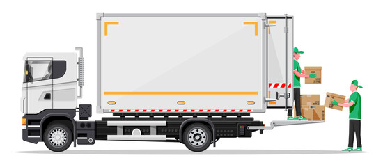 Truck trailer loaded with cardboard boxes by movers. Delivery van with pile of boxes. Express delivering services commercial truck. Fast and free delivery. Cargo logistic. Flat vector illustration