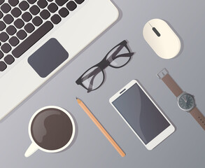 Office workspace. Work and study at home. Flat Vector illustration. Phone, laptop, coffee, mouse and pencil.