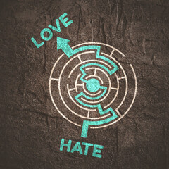 Human relationships concept illustration. Path from hate to love across labyrinth.
