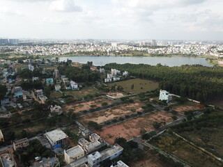 Aerial lake view of the buildings in the center of Bangalore city 