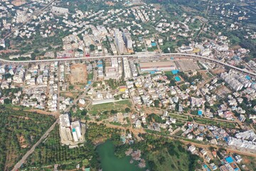 Aerial lake view of the buildings in the center of Bangalore city 