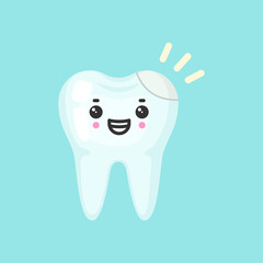 Filling tooth with emotional face, cute colorful vector icon illustration. Cartoon flat isolated image