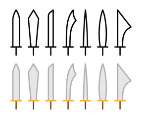Sword pictogram set. Simple outline ancient weapon icons. Vector symbols.
