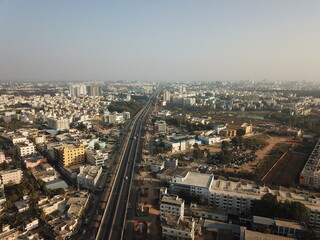 Aerial lake view of the buildings in the center of Bangalore city 