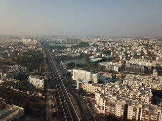 Aerial lake view of the buildings in the center of Bangalore city 