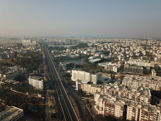 Aerial lake view of the buildings in the center of Bangalore city 