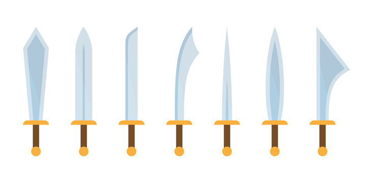 Cartoon sword pictogram set. Simple ancient weapon icons. Vector illustration.