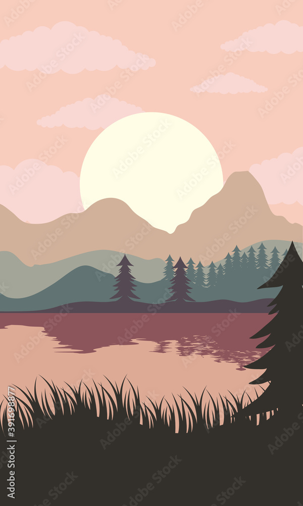 Sticker beautiful landscape sunset scene with lake and forest