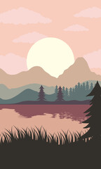 beautiful landscape sunset scene with lake and forest