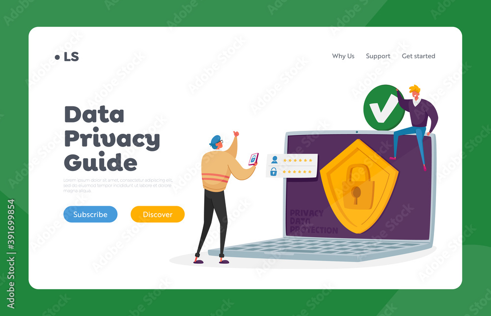 Poster privacy data protection landing page template. verification, secure account access, data security or