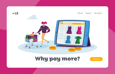 Obraz na płótnie Canvas Online Shopping Landing Page Template. Tiny Character Purchase Dresses in Internet Store, Girl Pushing Trolley with Bags