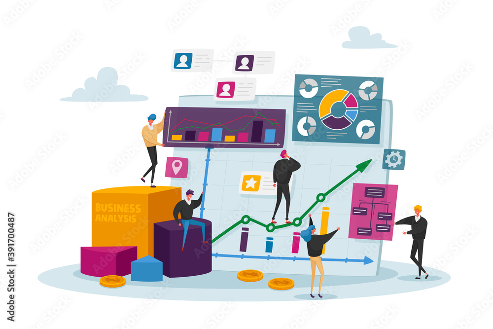 Poster business analysis, tiny characters at huge monitor with charts. managers analyze information analysi
