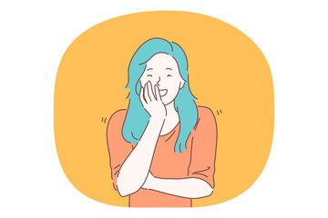 Happiness, laughing, smiling, positive emotions concept. Happy teen girl cartoon character with blue hair standing, covering open mouth with hand and laughing at joke or funny situation 