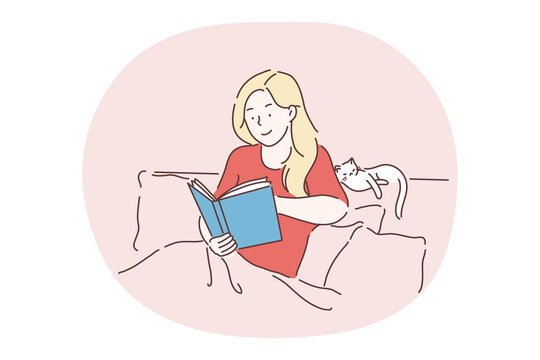 Reading, relaxing at home with book and cat, staying in bed concept. Young teen smiling teen girl cartoon character sitting in cozy bed and reading book with sleeping cat nearby at home 