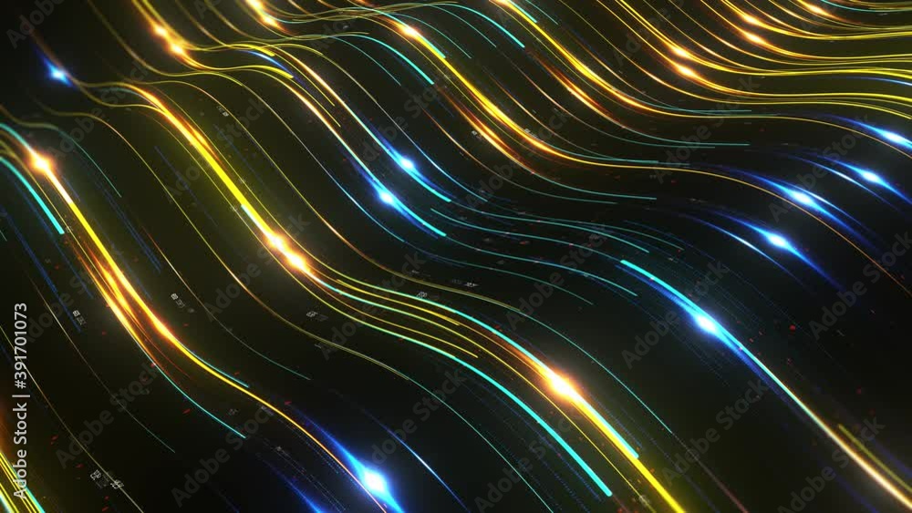 Poster 3d render loop animation of digital light trails. fast data transfer concept. render with depth of f