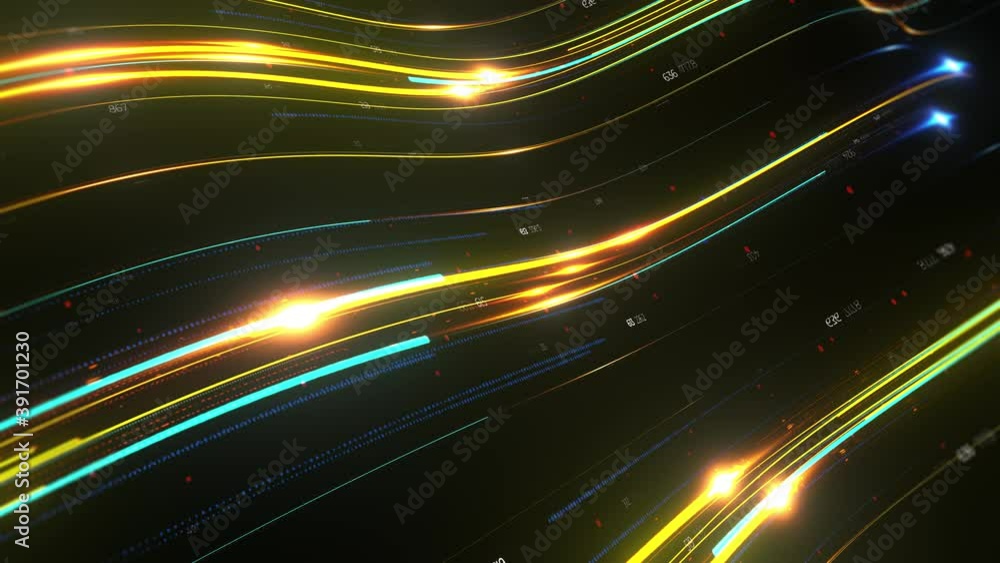 Poster 3d render loop animation of digital light trails. fast data transfer concept. render with depth of f