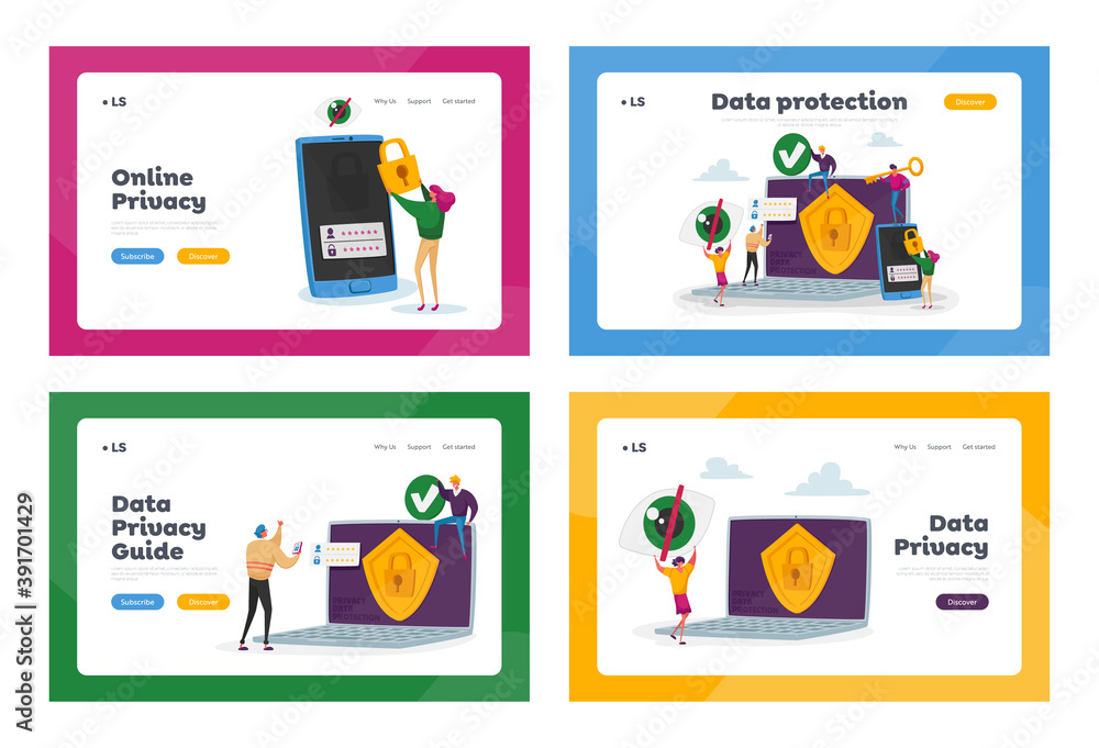 Poster privacy data protection in internet, virtual private network landing page template set. tiny charact