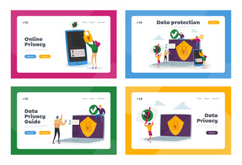 Privacy Data Protection in Internet, Virtual Private Network Landing Page Template Set. Tiny Characters at Huge Laptop