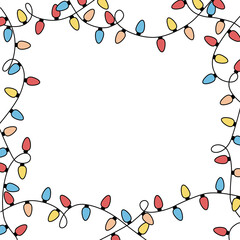 Colorful frame with light bulb. Christmas lights decorative garland. Xmas bulbs. Vector illustartion. banner concept, white background. 