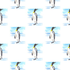 Watercolor nordic seamless pattern with emperor penguin. Perfect for printing, textile, web design, souvenirs and many other creative projects.