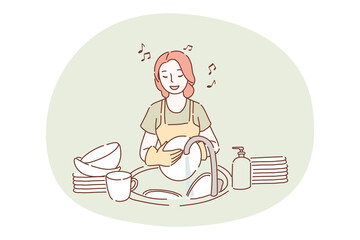 Washing dishes, housework, cleaning concept. Young smiling woman cartoon character in apron and gloves standing, washing heap of dishes in sink in kitchen and singing song alone. Maid, housekeeper 
